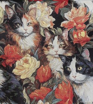 Kissat ja kukat Gobeliinikangas